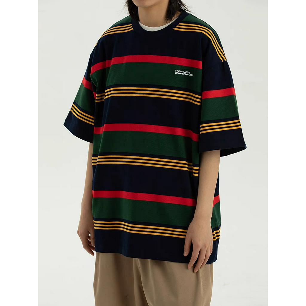 Áo Thun Cotton Tay Ngắn Dáng Rộng Họa Tiết Kẻ Sọc Phong Cách Vintage Cho Cặp Đôi (M-2xL)