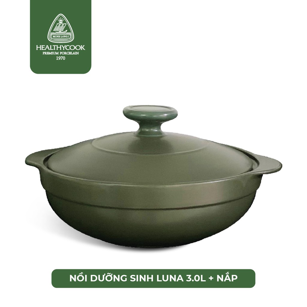 Nồi sứ dưỡng sinh Minh Long Luna 3.0L chuyên dùng cho BẾP TỪ có nắp đậy, tráng men màu sứ xanh rêu