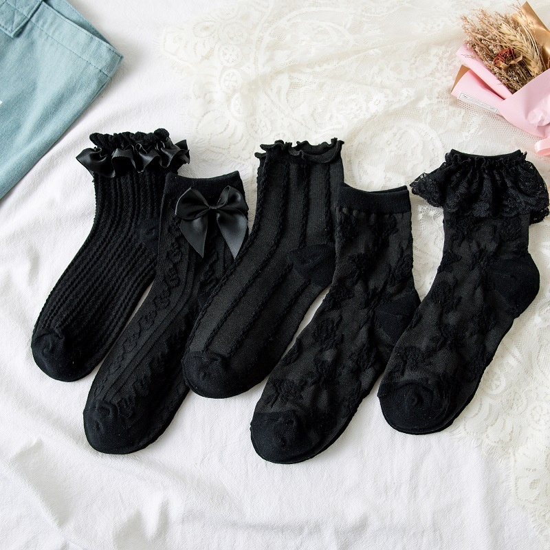 Vớ cotton màu đen viền ren họa tiết kẻ sọc phong cách Harajuku Nhật Bản thời trang cho nữ