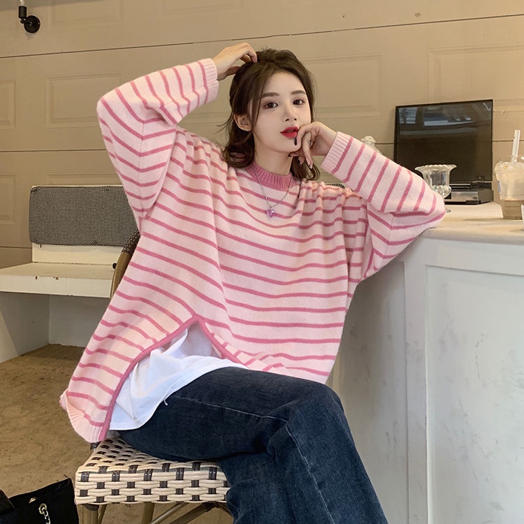 Áo sweater Dệt Kim Cổ Tròn Dáng Rộng Xẻ Tà Họa Tiết Kẻ Sọc Thời Trang Hàn Quốc 2022