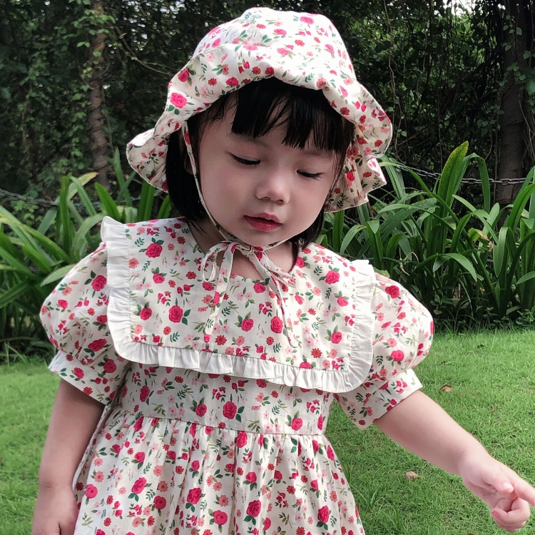 Váy bé gái CARROT có tay cổ thuỷ thủ, họa tiết hoa lá nhí hồng, chất liệu Thô cotton thấm hút mồ hôi