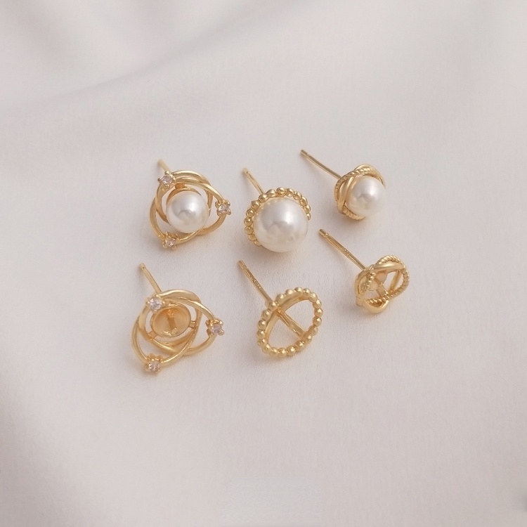 Cặp Giá Đỡ Bông Tai Bạc 925 Đính Hạt Ngọc Trai 14K Sang Trọng