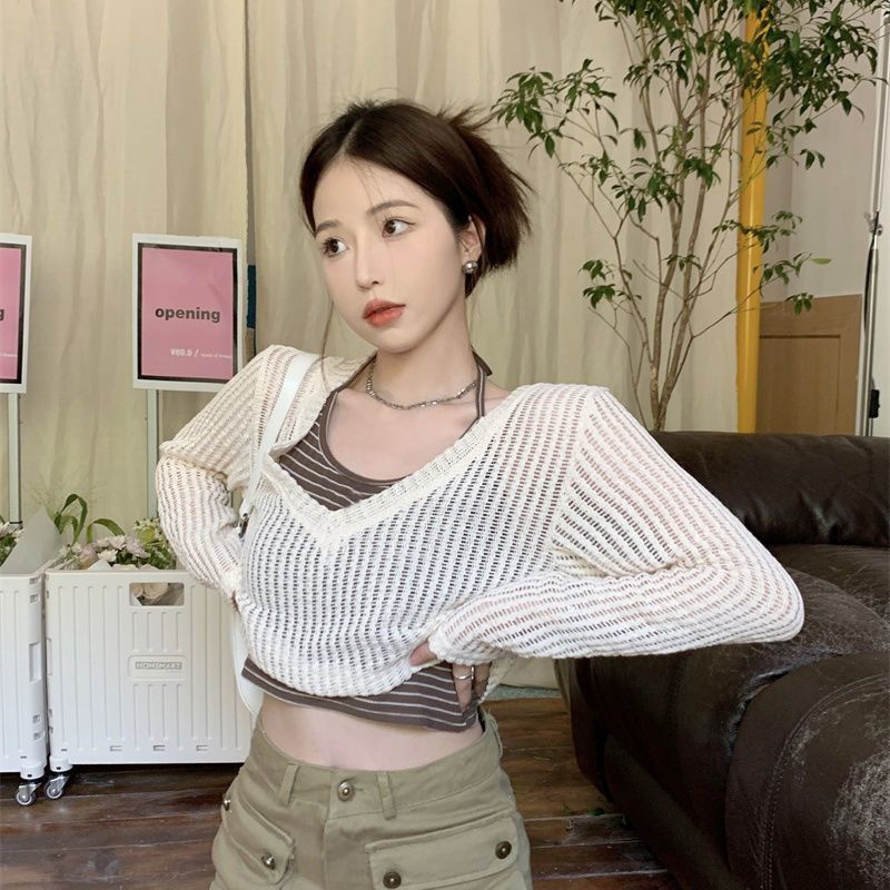 Set đồ COZOKC gồm áo cardigan dệt kim tay dài và áo không tay kẻ sọc thời trang trẻ trung