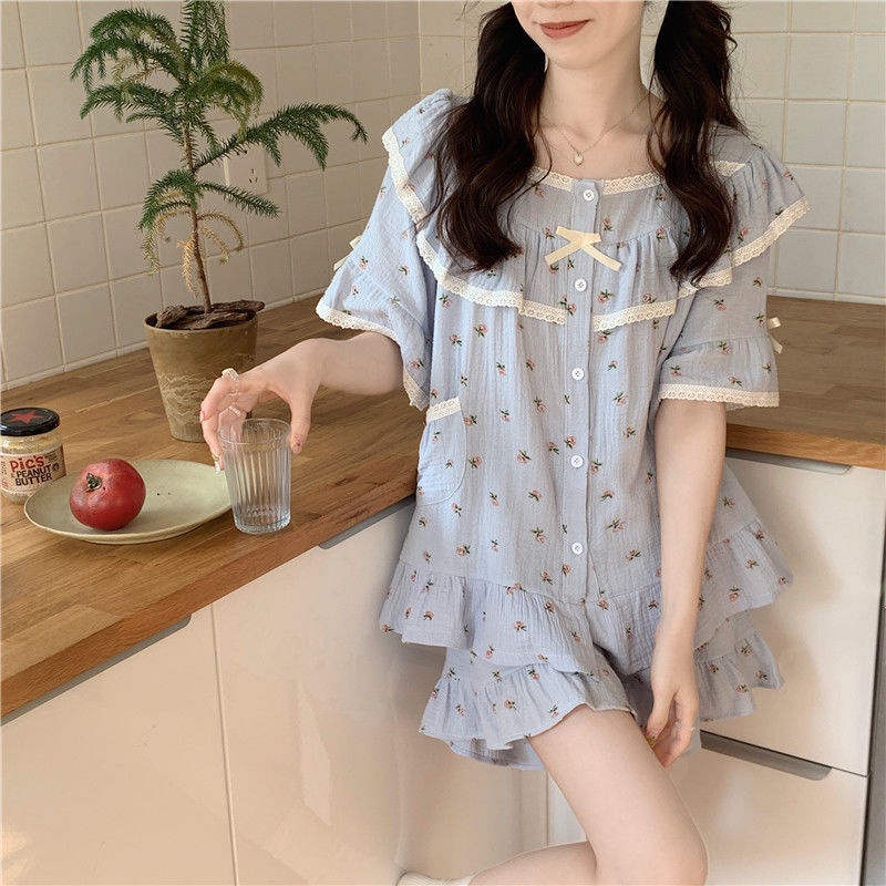 Bộ Đồ Ngủ Ngắn Tay Họa Tiết Hoa Thời Trang Mùa Hè Cho Nữ