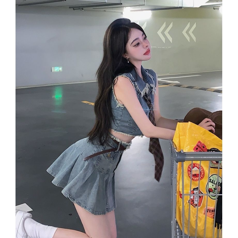 JSC Set Áo Váy Denim Chữ a Lưng Cao Phong Cách Hong Kong Thời Trang Mùa Hè Hàng Mới Dành Cho Bạn Nữ