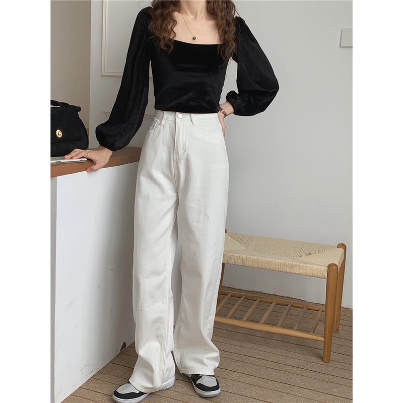 Quần jean SUXI lưng cao đơn giản phong cách Hàn Quốc