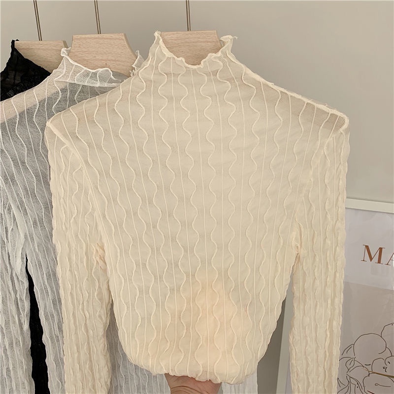 New turtleneck mesh lingerie for ladies in spring and fall sheer lace long-sleeved tops for ladies