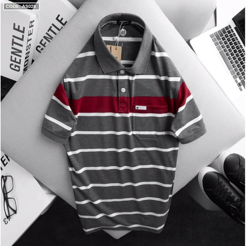 ÁO THUN NAM SỌC KẺ CỔ BẺ NGẮN TAY CÓ TÚI CAO CẤP