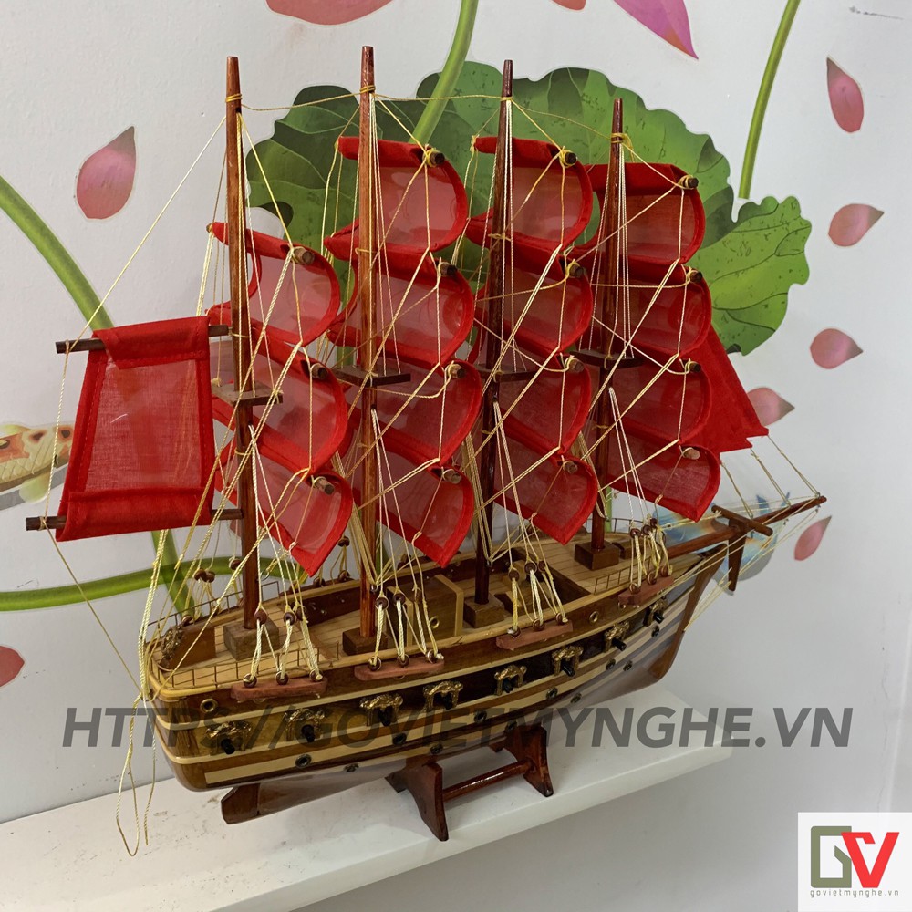 Mô hình tàu thuyền gỗ trang trí - thuyền gỗ Jylland của Đan Mạch - Chiều dài thân tàu 40cm - Buồm vải đỏ