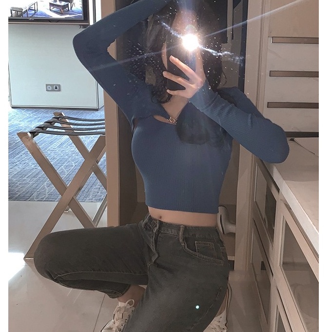 Cocory vn Áo Thun Dài Tay Cổ Yếm Màu Sắc Thời Trang Cho Nữ