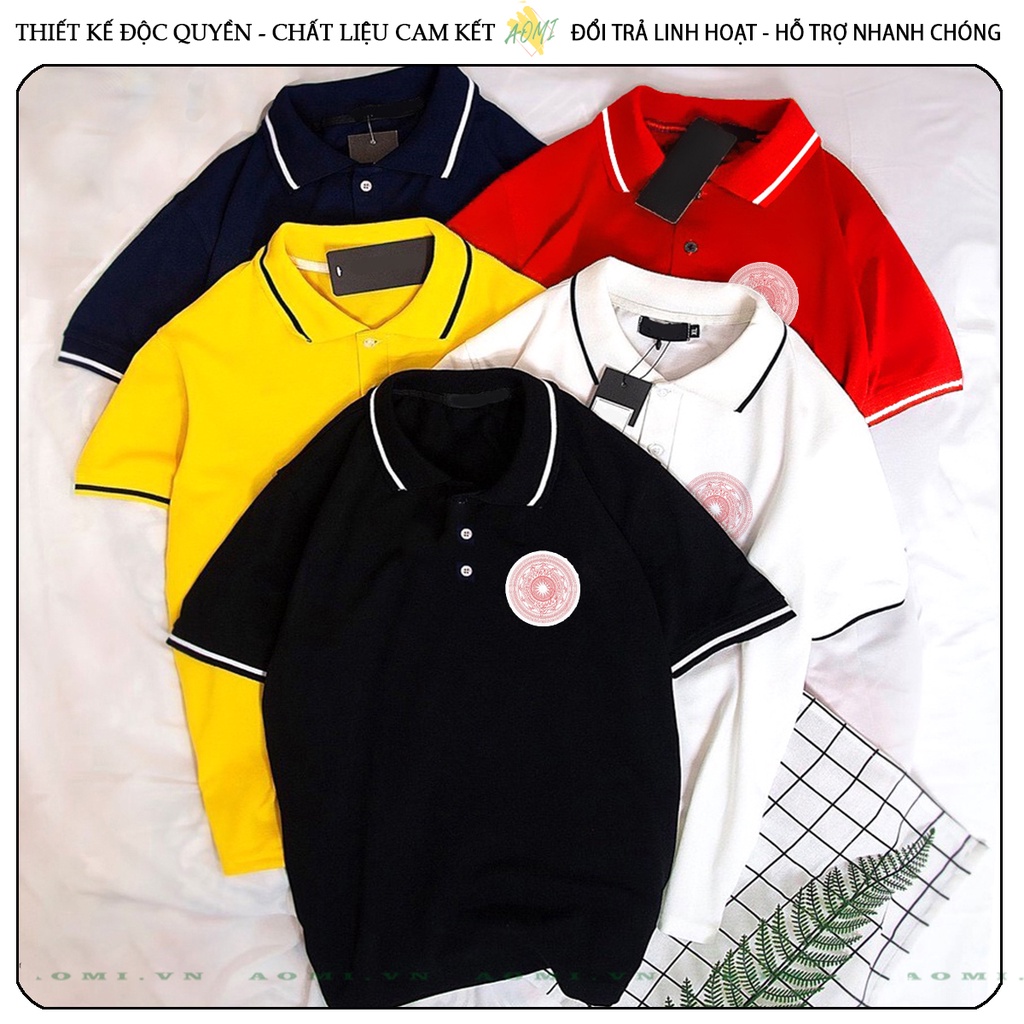 ÁO POLO TRỐNG ĐỒNG VIỆT NAM CÁ SẤU VẢI MÈ ĐEN TRẮNG VÀNG UNISEX PHÔNG NAM NỮ THUN CỔ BẺ BASIC GIA ĐÌNH AOMIVN