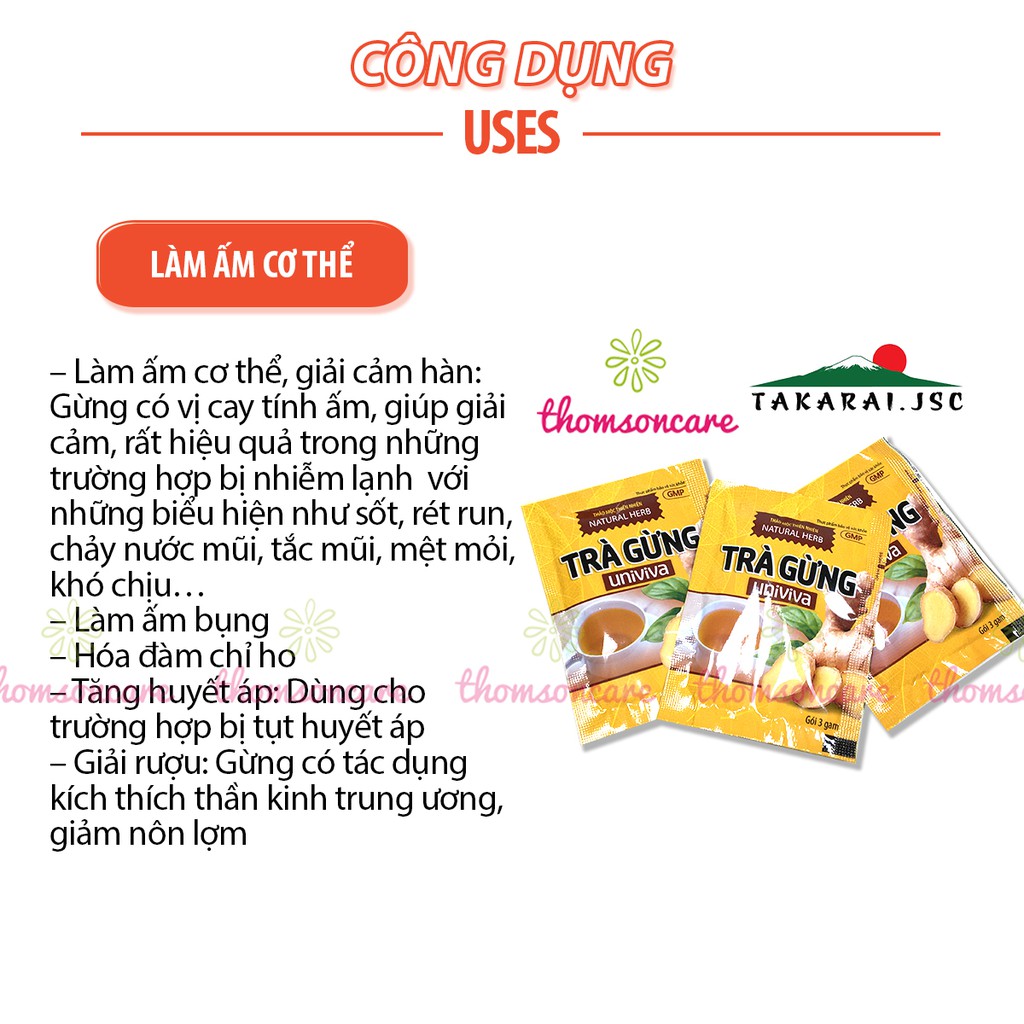 Trà gừng hòa tan Univiva Hộp 10 túi từ bột gừng già khô, làm ấm cơ thể, nâng huyết áp, giảm cảm lạnh