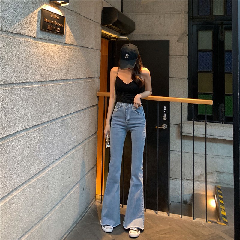 Quần jean nữ Choobe ống suông rộng lưng cạp cao bò dáng skinny xuông vải denim cao cấp co giãn màu xanh QJ05 | BigBuy360 - bigbuy360.vn