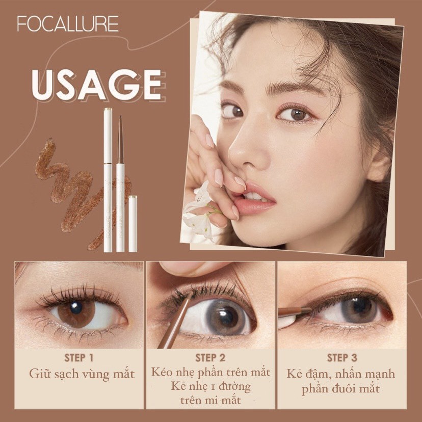 Bút chì kẻ mắt Focallure đầu mảnh 1.7mm chống thấm nước lâu trôi 1g gồm 5 màu mềm mượt dạng chì chính hãng