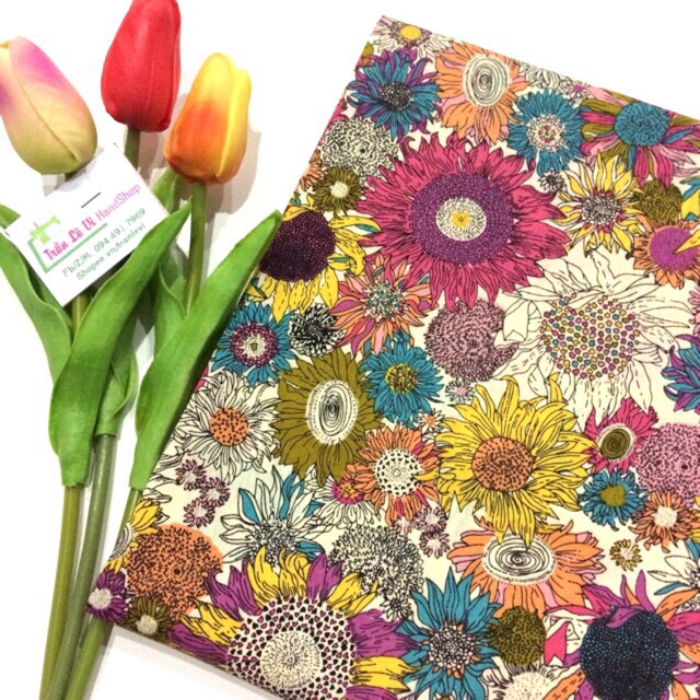 #V94🌻 VẢI TWILL HOẠ TIẾT HOA HƯỚNG DƯƠNG MAY ĐỒ CHO TRẺ EM, DOLL, OBITSU, DIY, DECOR, HANDMADE, QUILTING, SCRUNCHIES