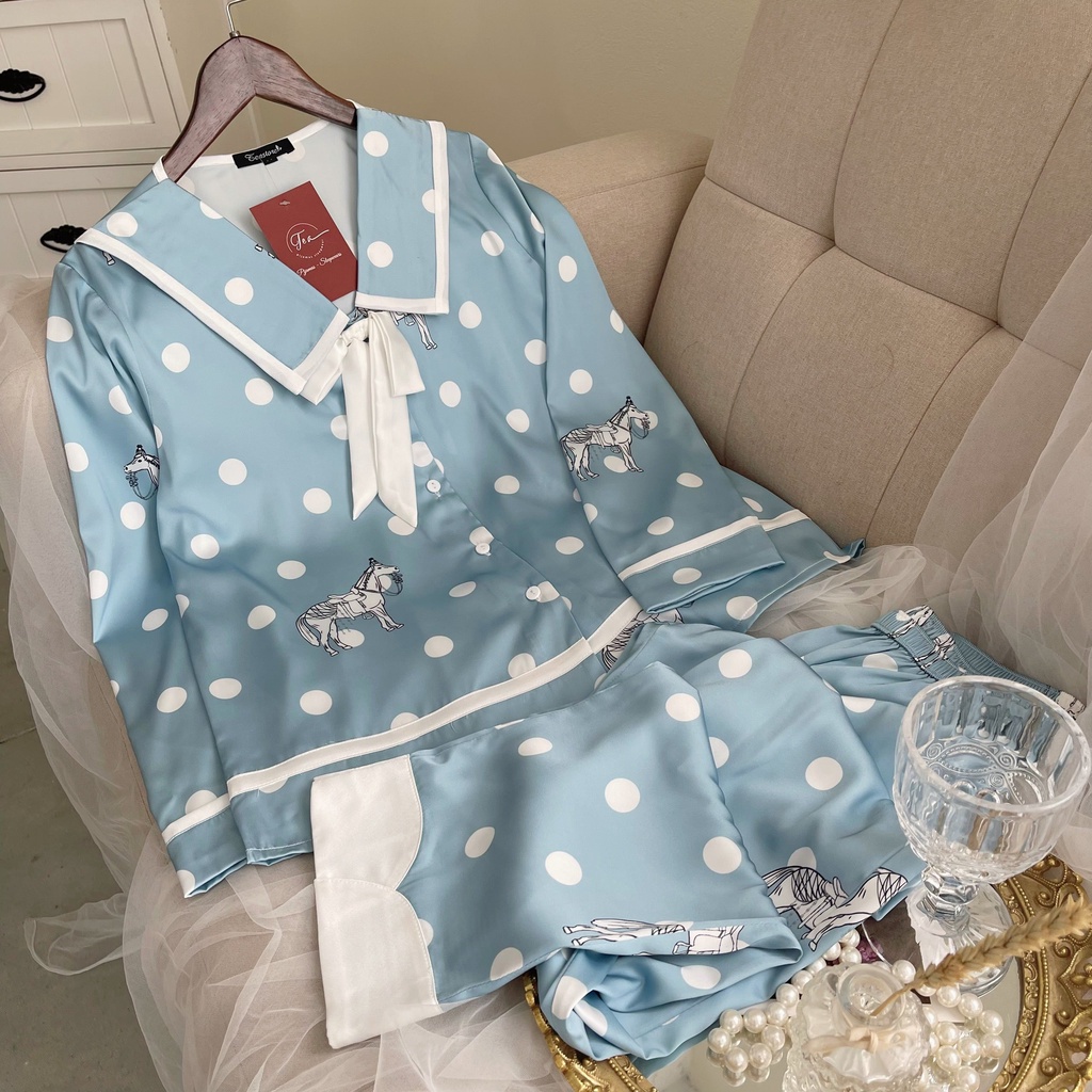 Bộ Mặc Nhà Pyjama Lụa Cao Cấp Tea Store Tay Dài Quần Dài Họa Tiết Nơ Cổ Xinh Xăn | BigBuy360 - bigbuy360.vn