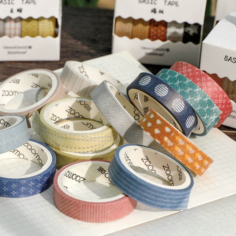 Băng keo dán một màu đơn sắc/ hoa văn - 06 cuộn/hộp (K2) - Washi Tape