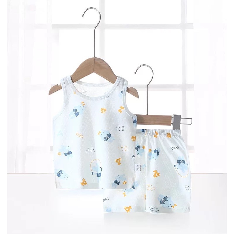 Bộ quần áo ba lỗ cotton sợi tre thoáng mát hoạ tiết ngộ nghĩnh cho bé