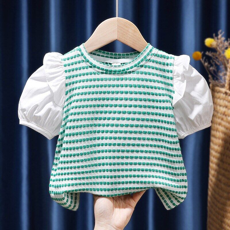 Áo Thun Tay Phồng Bằng Cotton Họa Tiết Sọc Màu Xanh Lá Thời Trang Mùa Hè Dành Cho Bé Gái 2-6