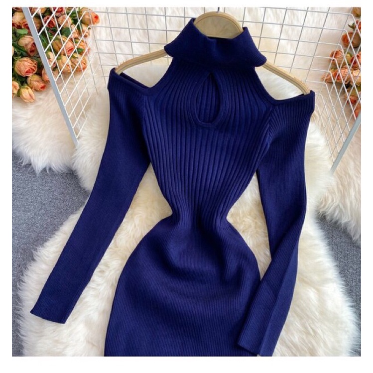 Đầm len nữ ôm body, đầm len hở vai gợi cảm