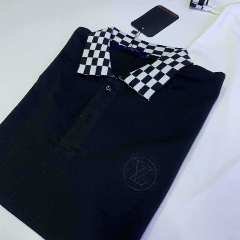 Áo phông nam cổ bẻ pha kẻ ca rô ô đen trắng 4208