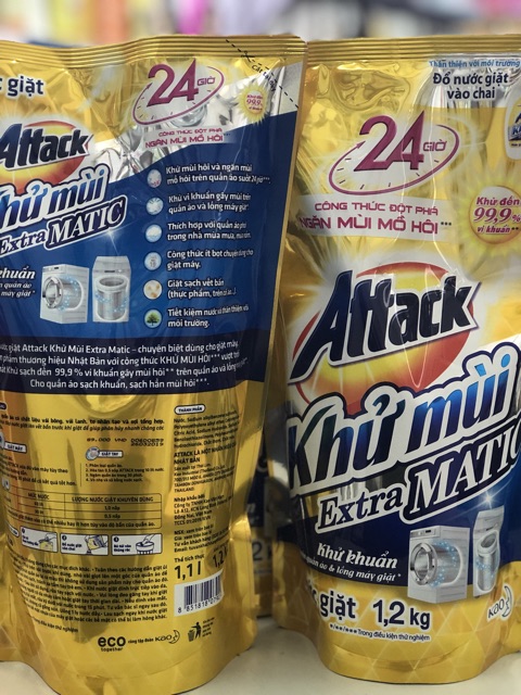 Túi nước giặt khử mùi Attack Extra MATIC Vàng 1200g - Mẫu mới