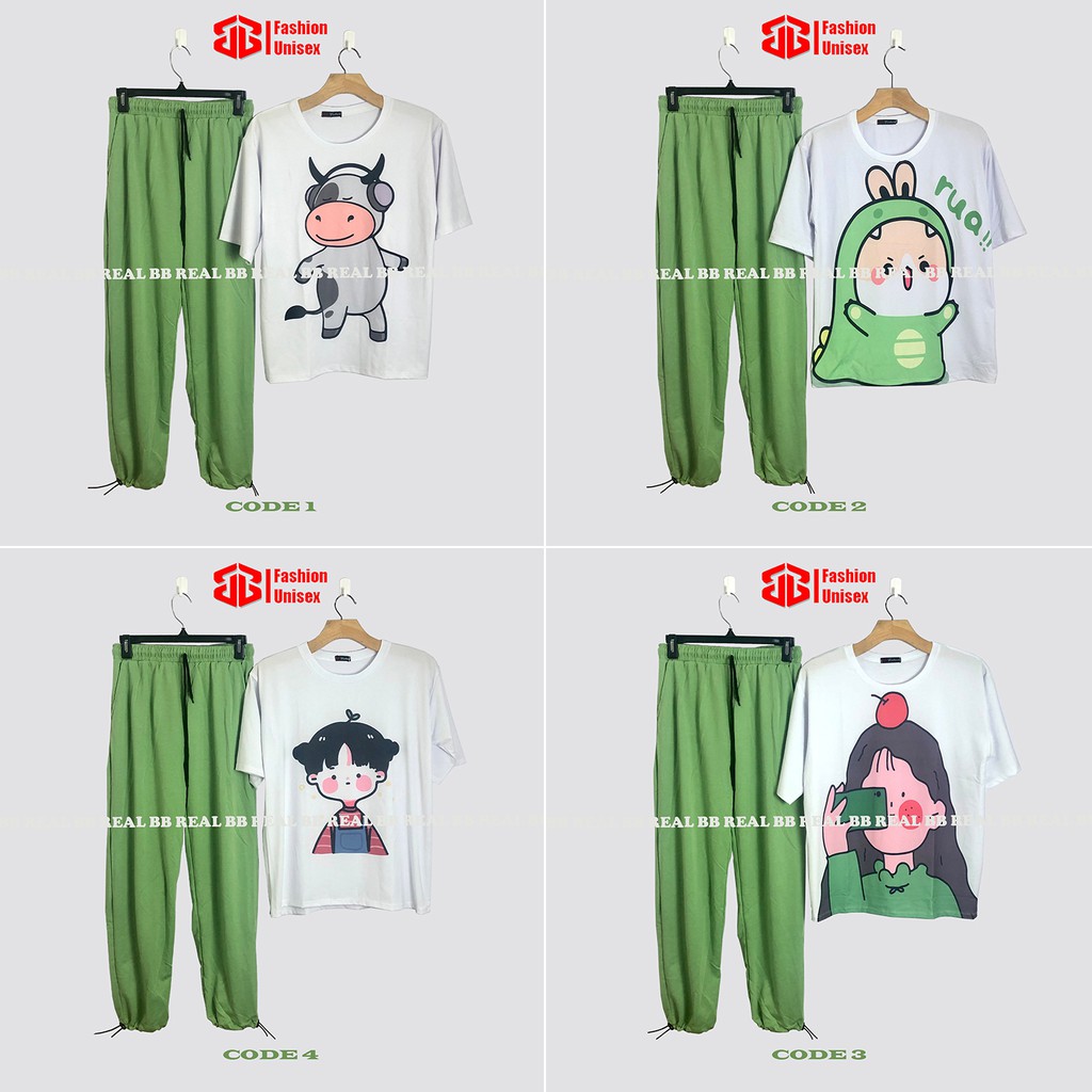 ĐỒ BỘ THUN DÂY RÚT - (Nhiều Mẫu) QUẦN XANH LÁ, ÁO CARTOON From Rộng Unisex , THOÁNG MÁT, Freesize DƯỚI 65KG - BB REAL