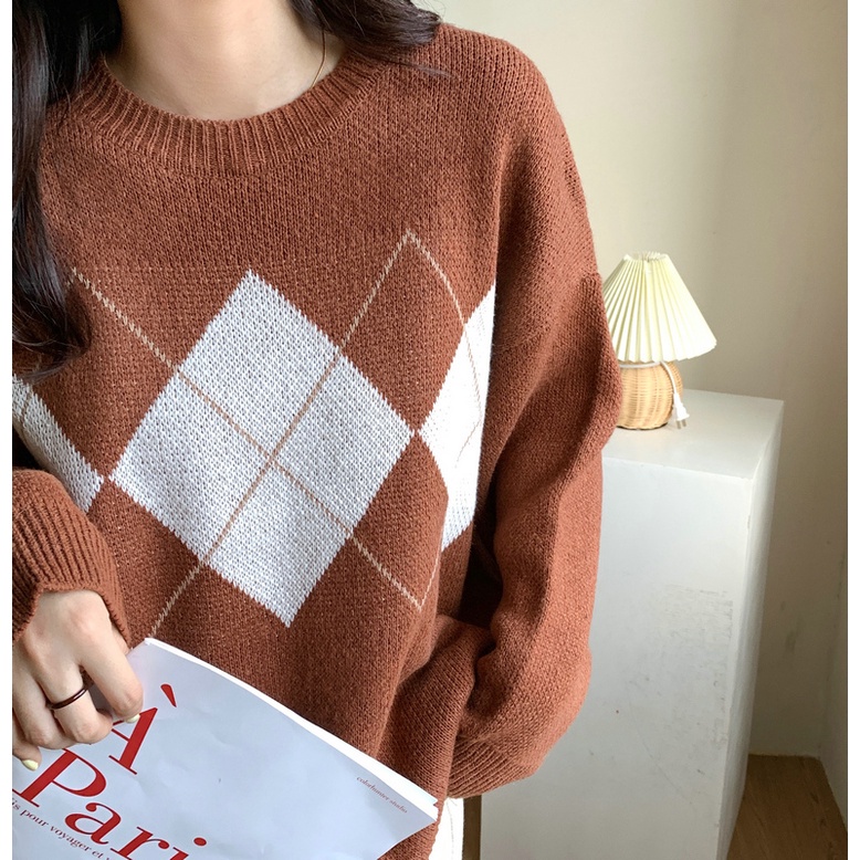 Áo len SUXI cổ tròn dáng rộng họa tiết sọc caro thiết kế mới thời trang mùa thu theo phong cách hàn quốc cho nữ