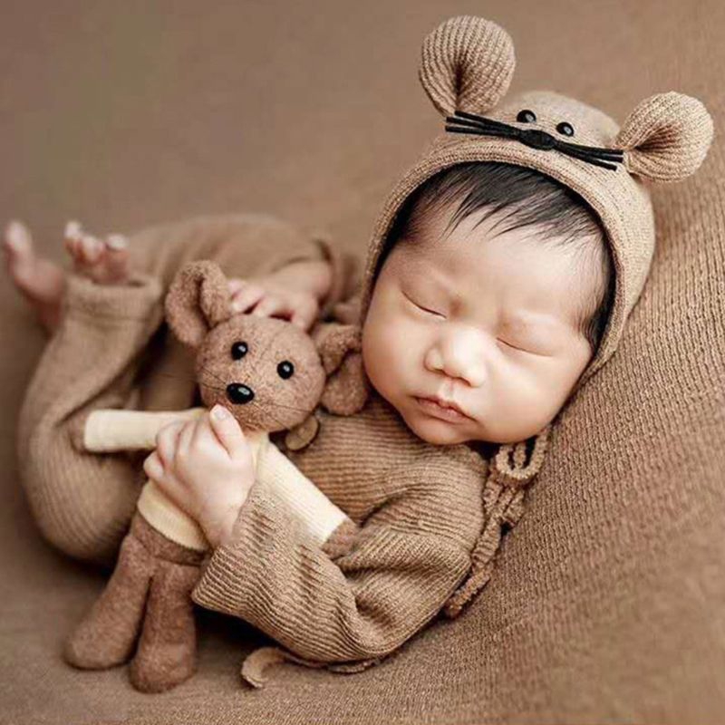 3 Pcs/set Newborn Photography Props Suit Knitted Cotton Jumpsuit Hat Mouse Doll