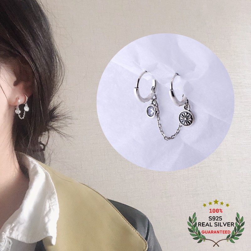 Bông Tai Bạc Thái S925 Retro Dạng Khoen Tròn Hai Lỗ Xỏ Đính Đá Zircon Cá Tính | Khuyên Tai Unisex Trang Sức Bạc