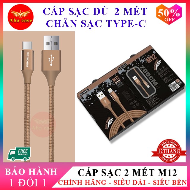 [ Free Ship] Cáp Sạc Dù 2M Sendem M12 hỗ trợ sạc nhanh SIÊU DÀI - SIÊU BỀN -CHÍNH HÃNG ✓Cáp Iphone, Android, Type C