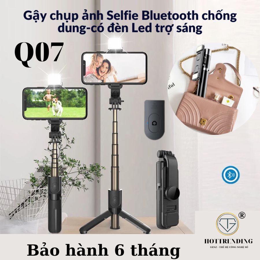 Gậy chụp ảnh tự sướng bluetooth Q07 có đèn LED trợ sáng tích hợp live steam chân đế tripod 3 chức năng