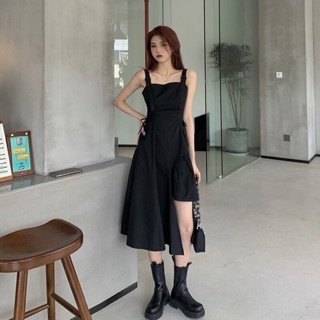 Đầm xoè vạt lệch hai dây Ulzzang Đầm đen hai dây Đầm xoè hai dây dáng dài cá tính siêu chất