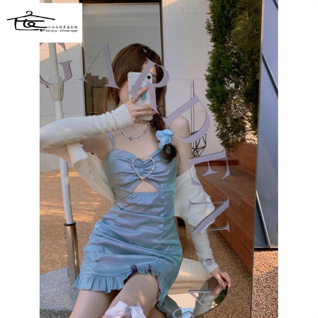 Đầm Hai Dây Ngắn Ôm Dáng Họa Tiết Trái Tim Đính Kim Cương Giả Thời Trang Mùa Hè Cho Nữ