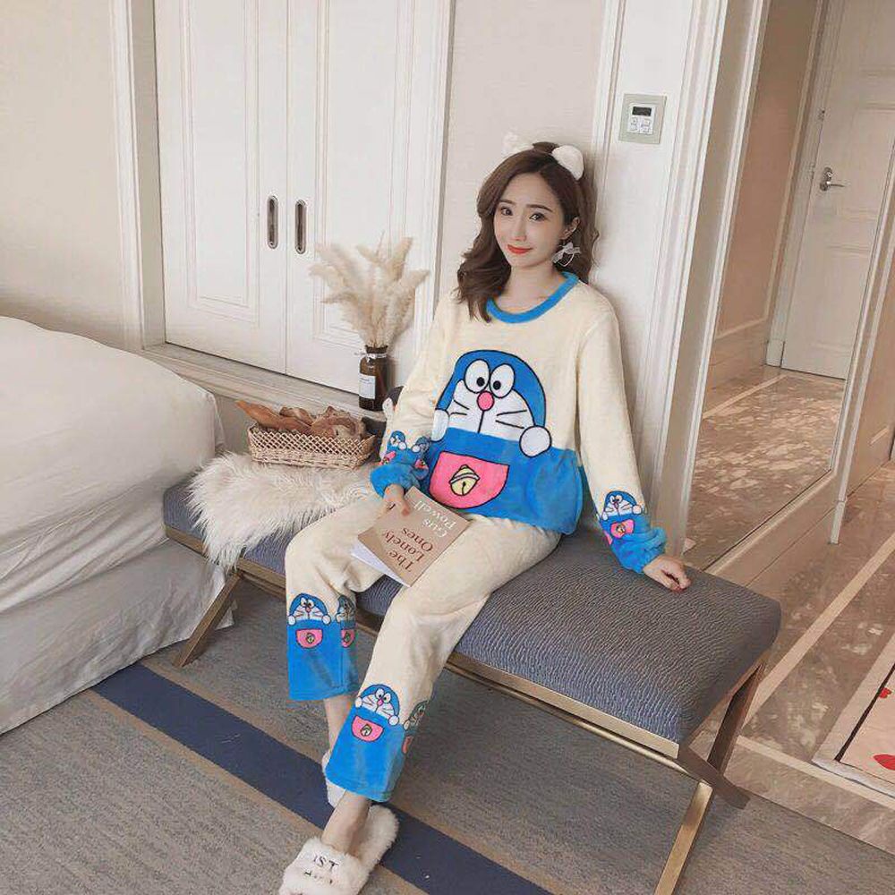 Bộ đồ ngủ bằng lông cừu san hô in họa tiết hoạt hình Doremon minions phong cách Hàn Quốc thời trang cho nữ