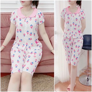 Đồ Bộ Mặc Nhà Lửng Dâu Chất Đũi Lạnh Mềm Mát