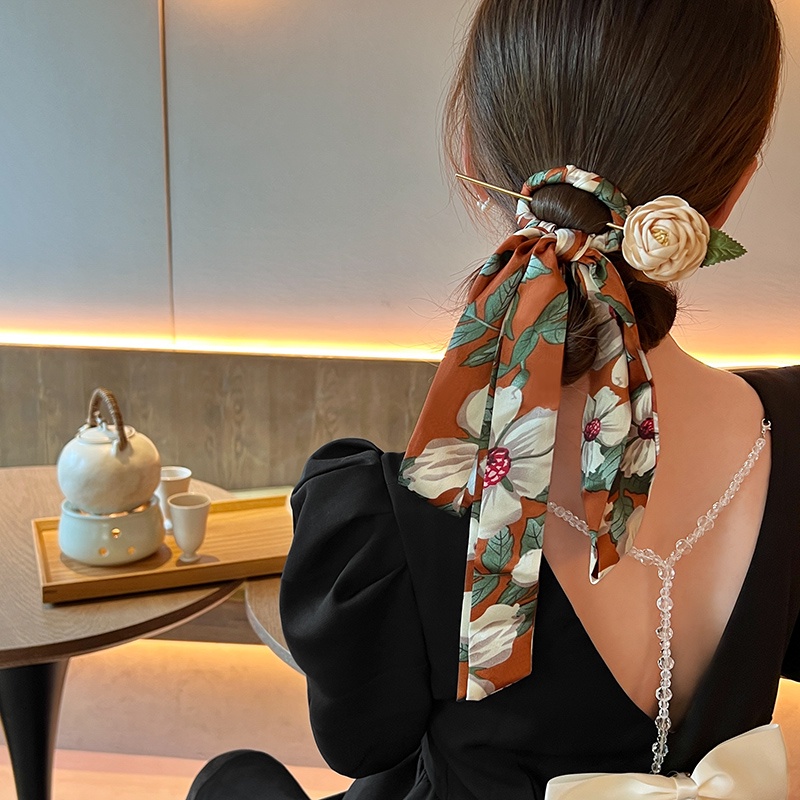 Kẹp Tóc Đính Nơ In Họa Tiết Hoa Phong Cách Truyền Thống Mới