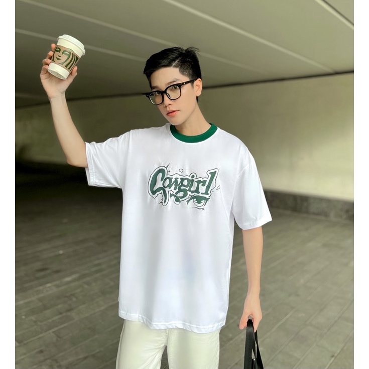 Áo thun tay lỡ nam nữ,thiết kế cổ xanh in hình Cowgirl