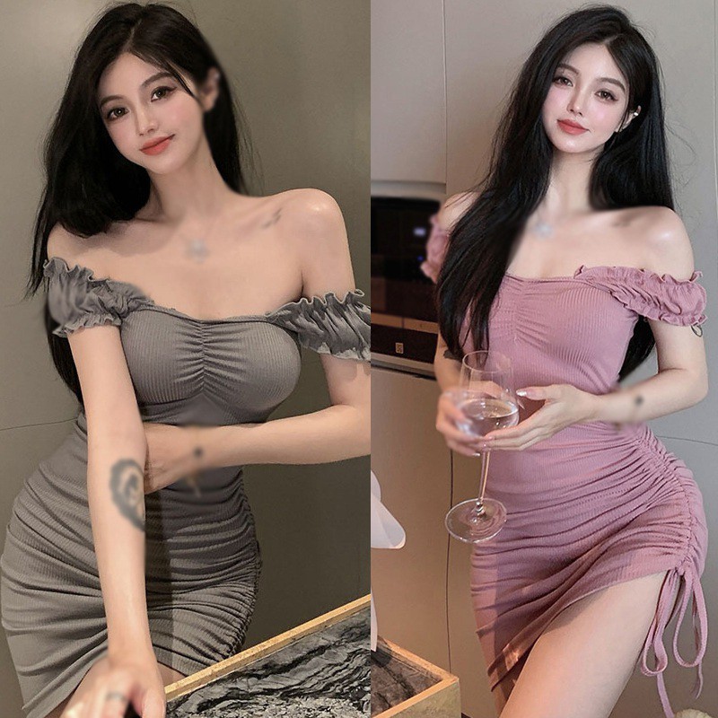 Váy trễ vai phối dây rút màu trơn thời trang phong cách Hàn Quốc