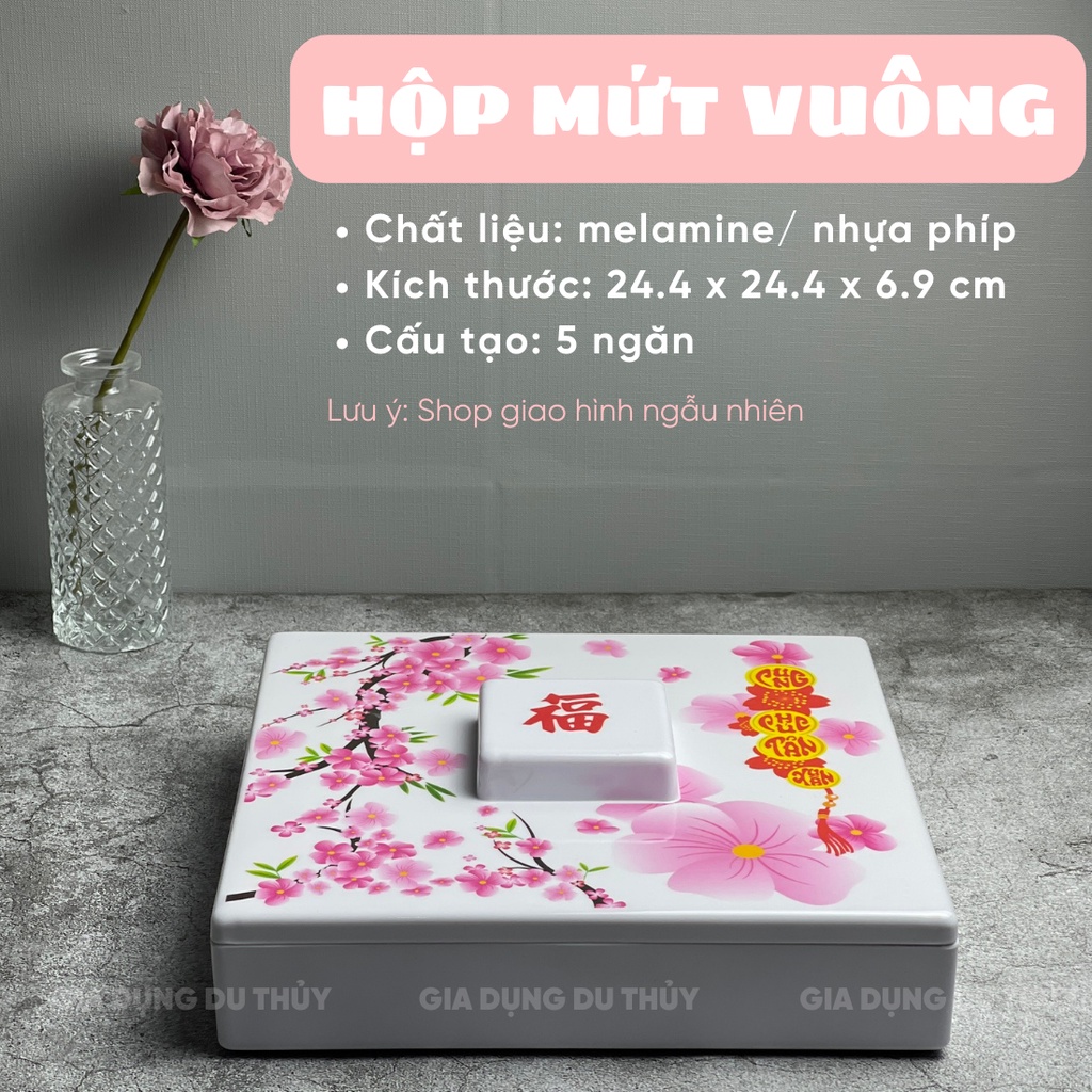 Hộp đựng mứt tết nhiều ngăn nhựa cao cấp họa tiết hoa đào, hoa mai, dưa hấu màu hồng màu đỏ