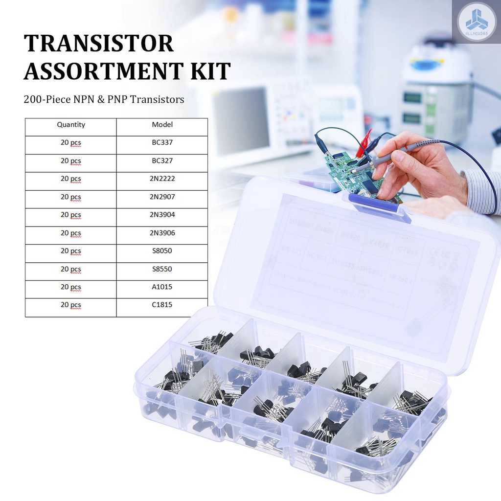 Transistor Assortment Kit 200-Piece NPN PNP Power Transistors BC337 BC327 2N2222 2N2907 2N3904 2N3906 S8050 S8550 A1015 C1815 Transistors for DIY Electronic Projects