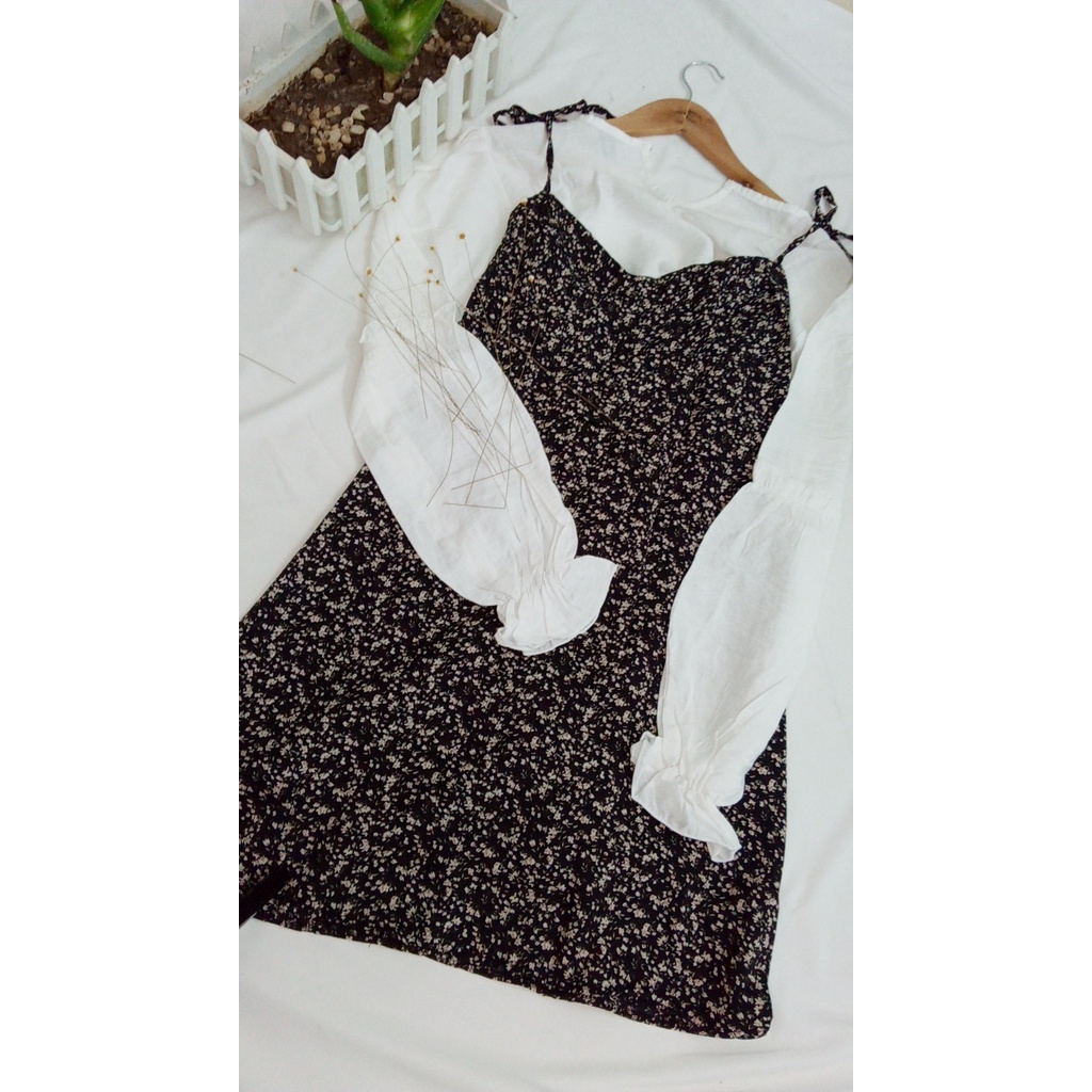 Váy hai dây hoa nhí có cúp ngực mic áo somi tay bồng tiểu thư bánh bèo hàng đẹp có size by Minxxy