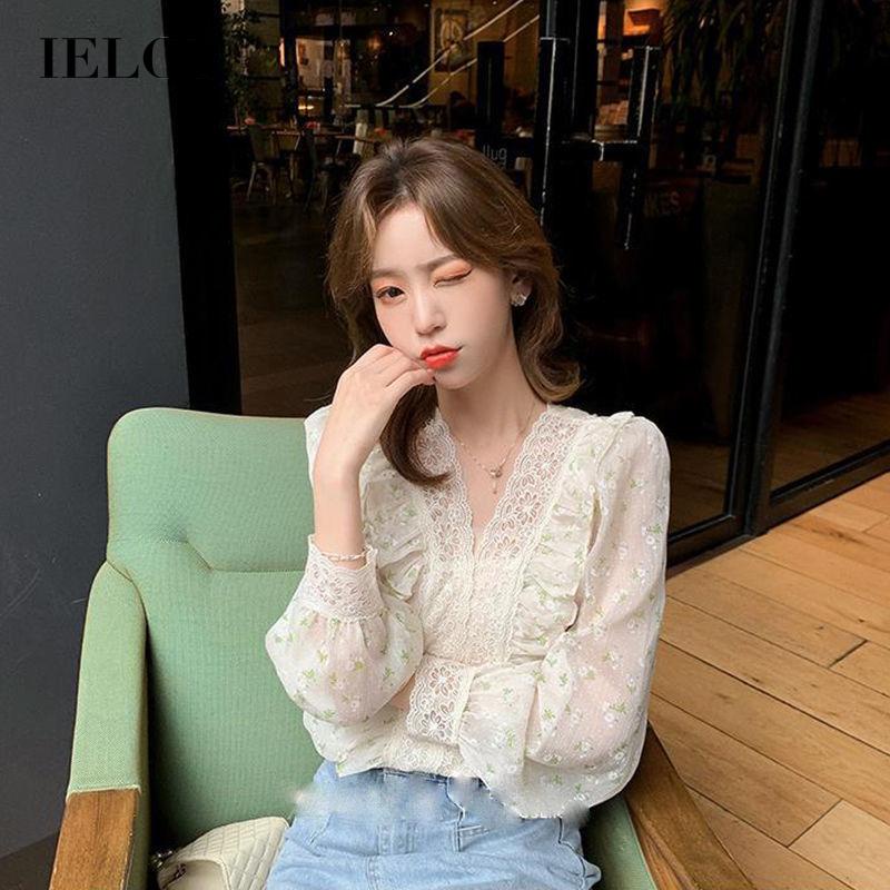 Áo kiểu vải chiffon tay dài cổ chữ V phối họa tiết ren dễ thương