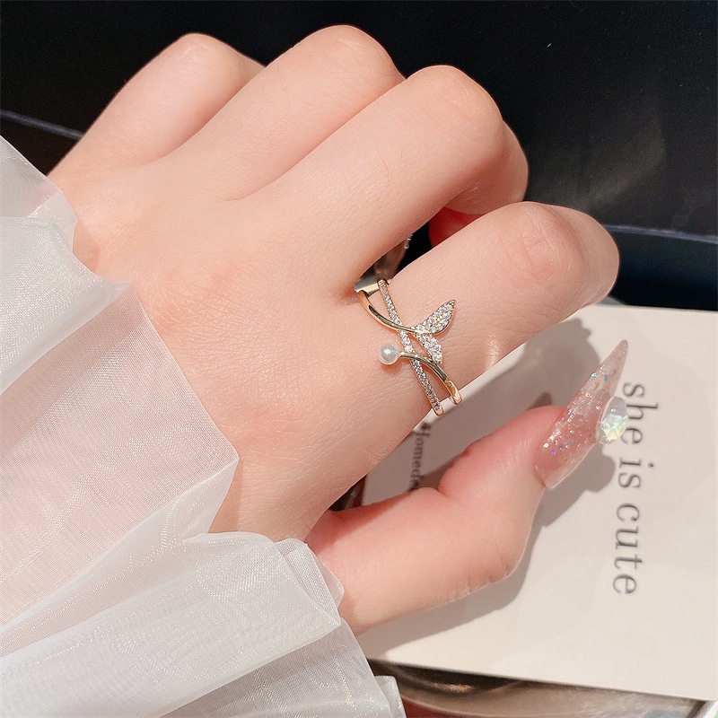 [Hàng Mới Về] Nhẫn Dạng Hở Đính Ngọc Trai Và Kim Cương Nhân Tạo Dễ Thương Cho Nữ