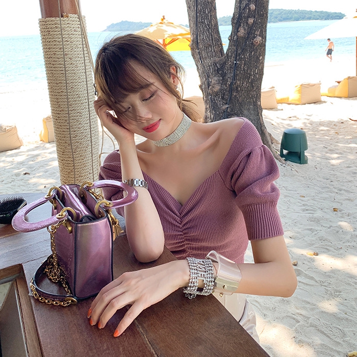 Áo vải dệt nhún ngực màu trơn thời trang cho nữ