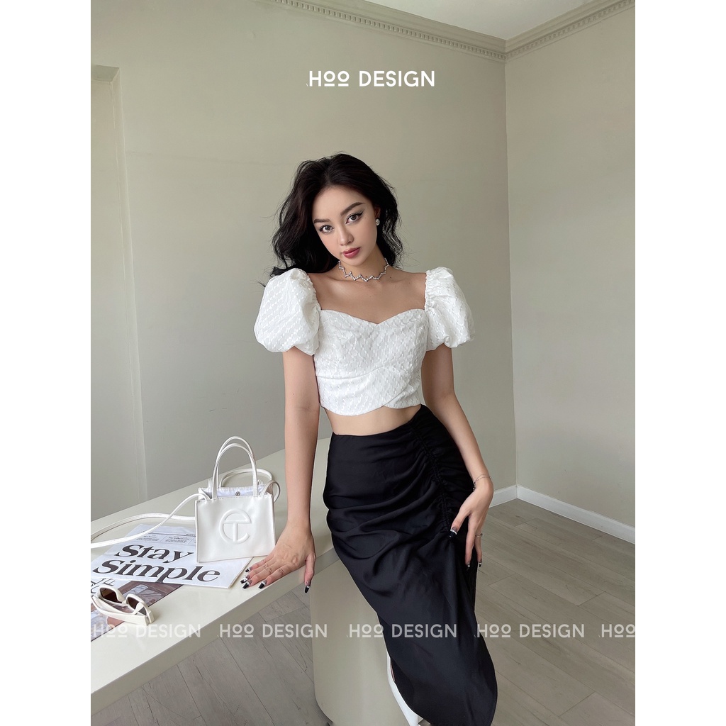 HOO DESIGN - Áo Croptop Tay Phồng Dây Kéo Khóa Kim Loại Sau Lưng Màu Trắng