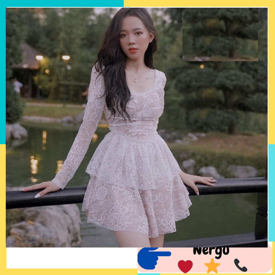 Đầm Ren Thiết Kế Tiều Thư Dài Tay - Váy Mèo Sao Hỏa Chất Liệu Ren 2 Lớp