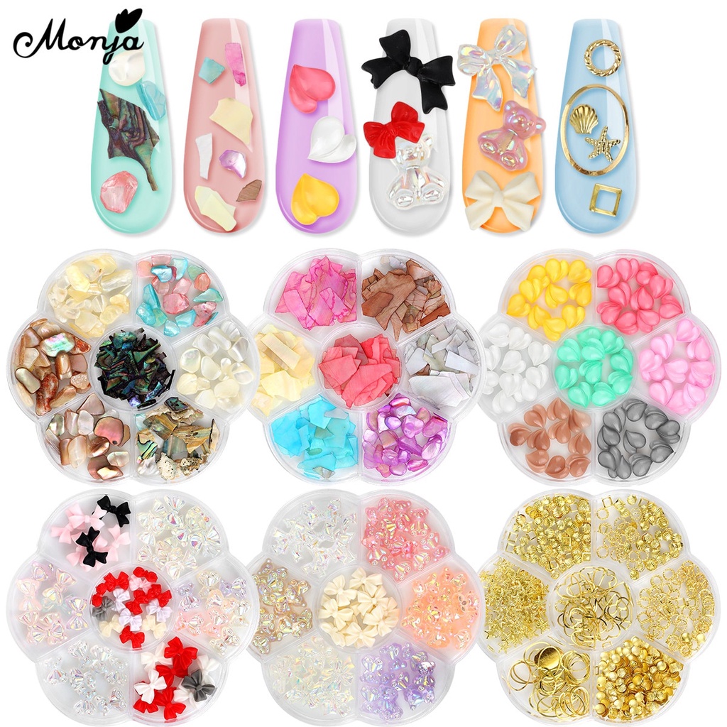 Phụ kiện đính trang trí móng tay Monja 7 ngăn hình gấu/ nơ/ bướm kim tuyến cực quang bằng hợp kim DIY