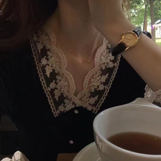 SUXI Áo Kiểu Nữ Dài Tay Cổ Chữ V Phối Ren Hoa Thiết Kế Mới Thời Trang Theo Phong Cách Vintage