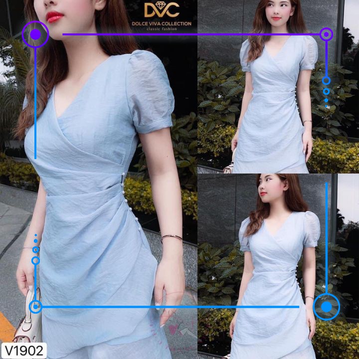 Váy dáng suông xanh kiểu đuôi cá nhún eo đính ngọc sang trọng V1902